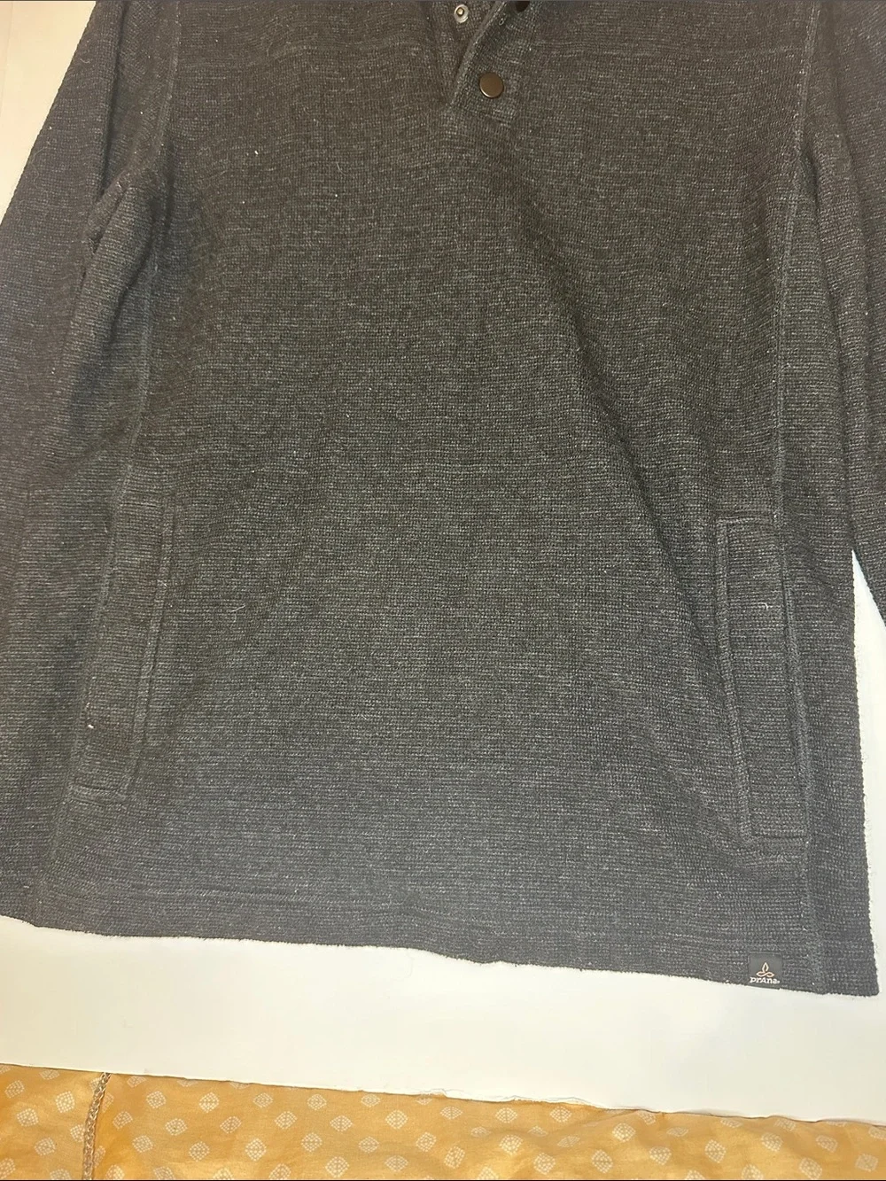 Prana Men's Med Leonidas Snap-Quarter Pullover wool blend black charcoal
